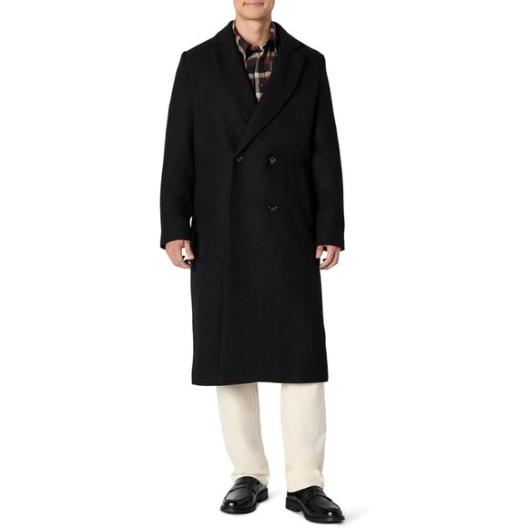 Men's Black Relaxed Fit Double Breasted Imported Wool Blend Longline Top coat